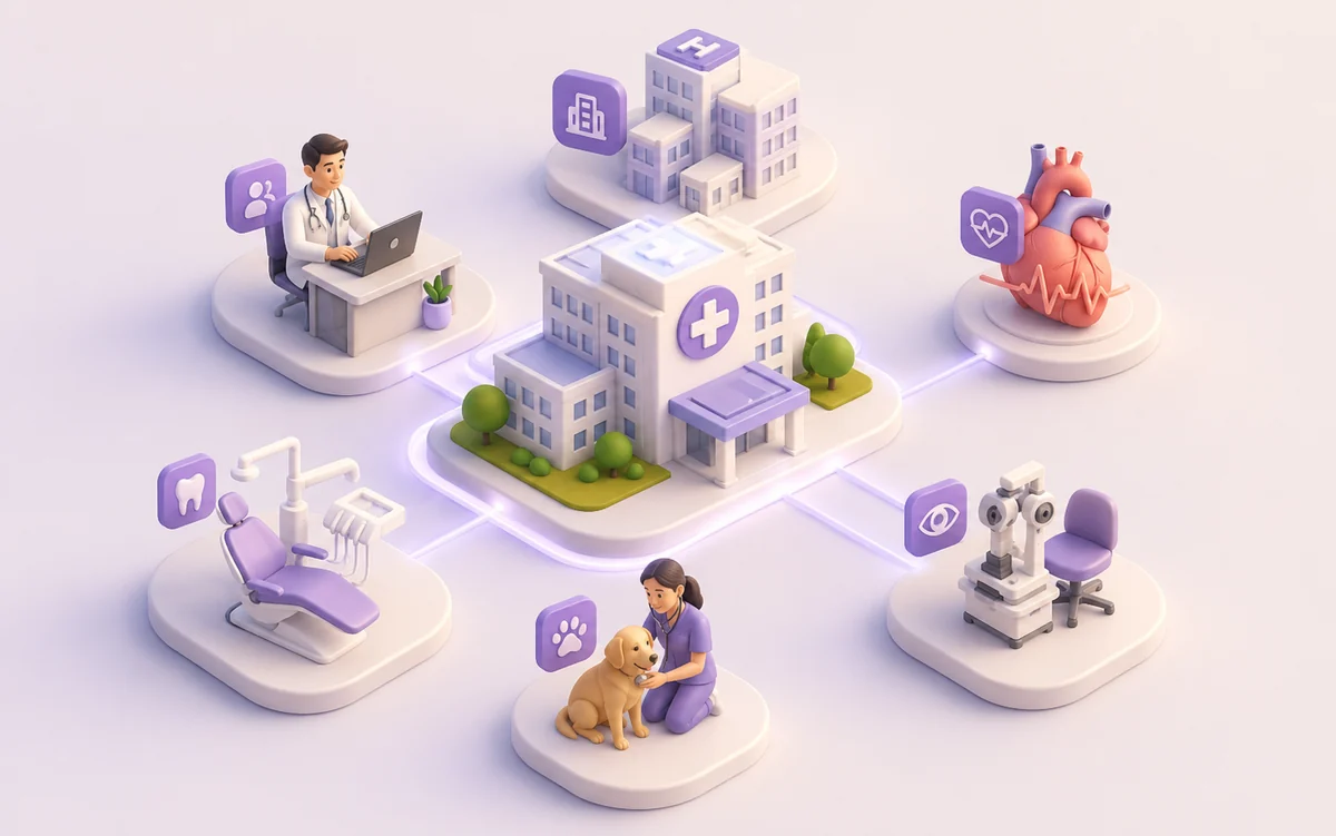 Melvina connectée aux différentes spécialités médicales : m�édecine générale, clinique, cardiologie, dentaire, vétérinaire et ophtalmologie